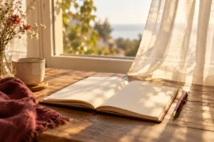 An open journal beside a pen and softly lit curtains at a window.