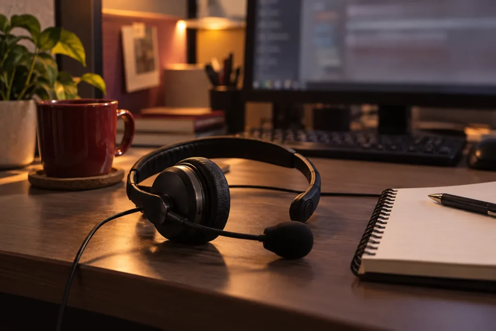 Call-center headset beside a notebook on an office desk.