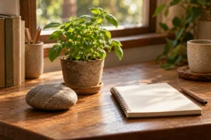 A potted plant and smooth stone beside a notebook on a sunlit desk.