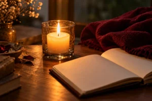 A candle in a glass holder beside a journal on a wooden table.