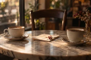 Two coffee cups and a letter on a sunlit café table.