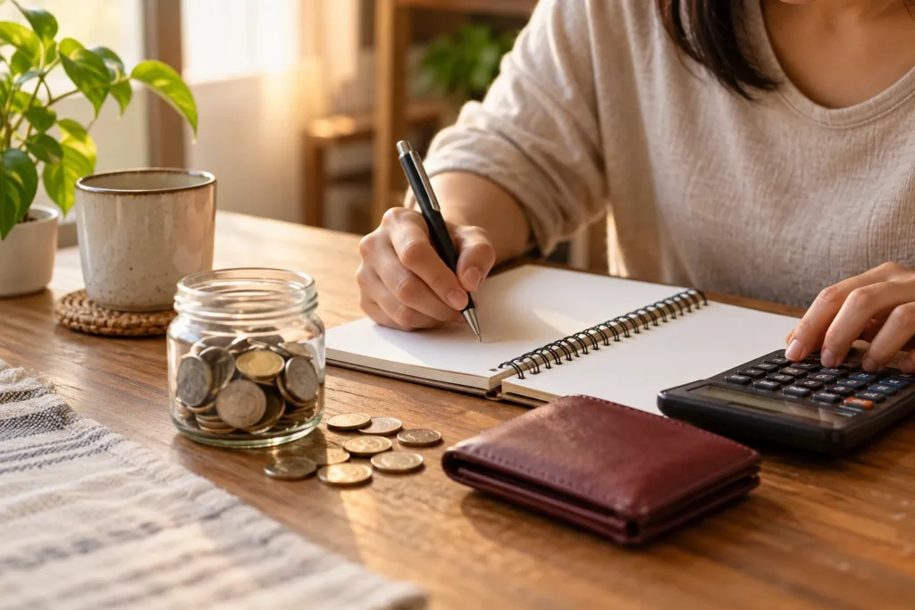 A notebook, wallet and savings jar on a desk.
