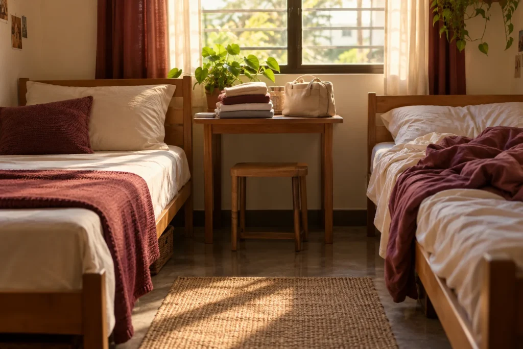 Two beds and a small table in a shared room.