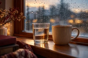 A glass of water and ceramic cup beside a rain-speckled window.