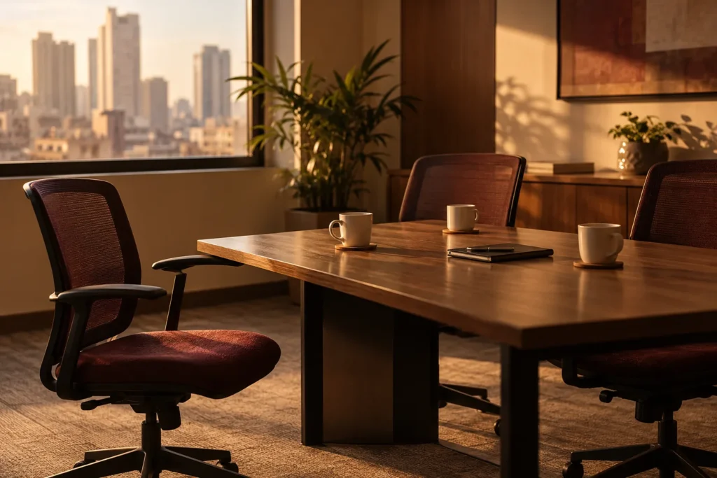 Empty chairs around an office meeting table.